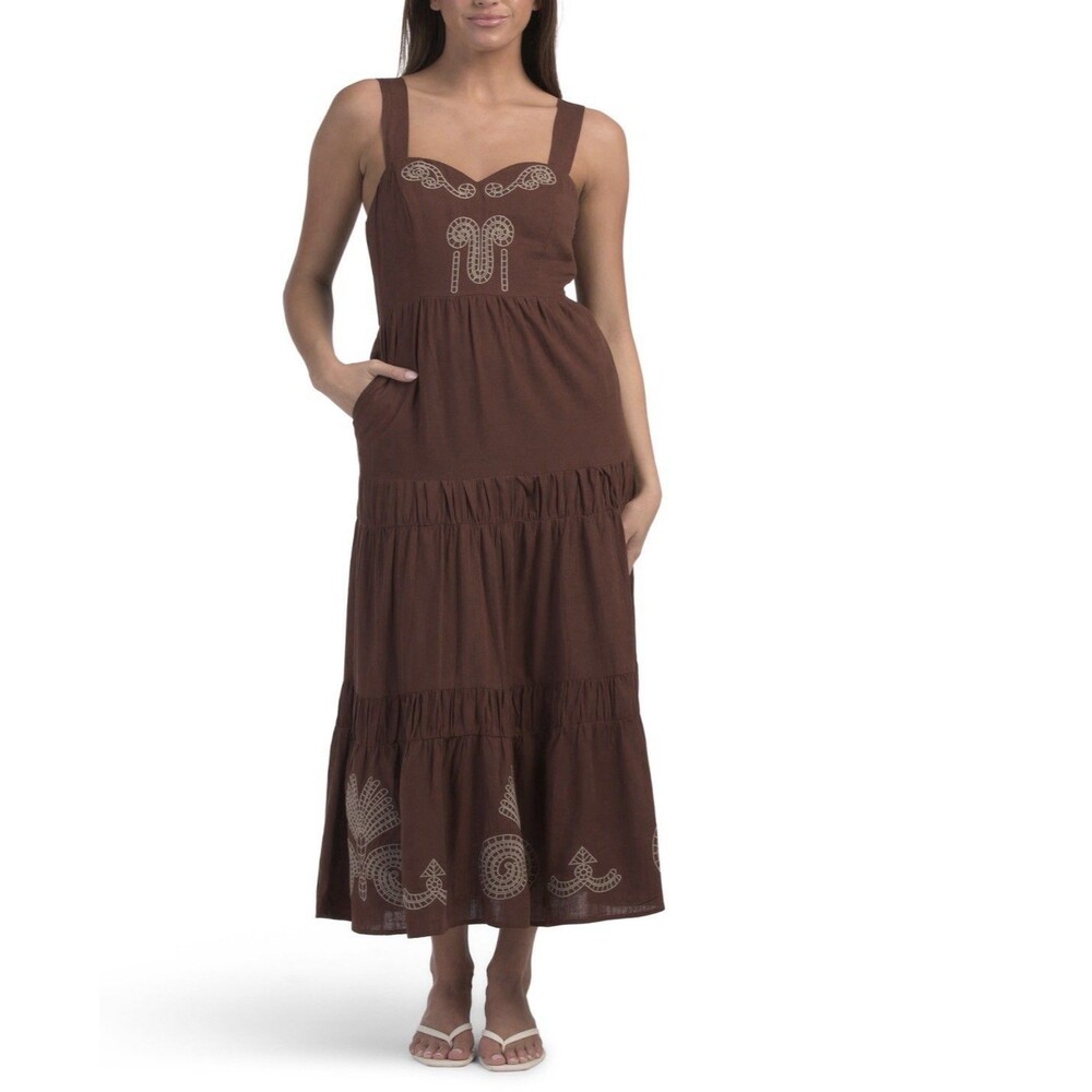 SOLITAIRE Linen Blend Brown Embroidered Boho Tiered Maxi Dress Womens Size L